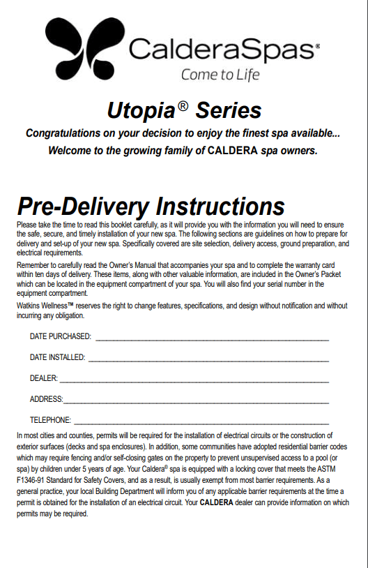 2020 Caldera Utopia Pre-Delivery Instructions - Caldera Spas Reno, Sparks, Fernley, Fallon, Truckee