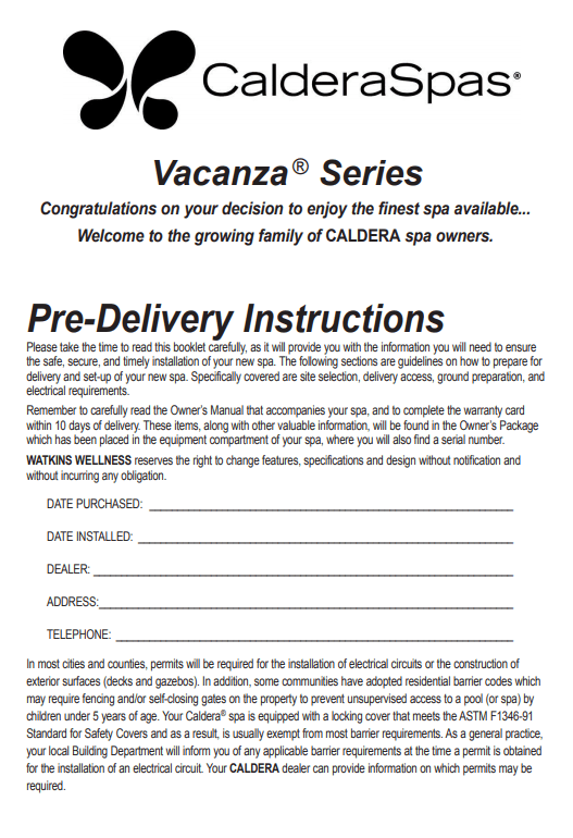 2020 Caldera Vacanza Pre-Delivery Instructions - Caldera Spas Reno, Sparks, Truckee, Tahoe