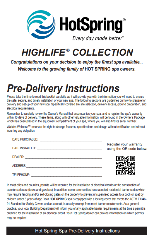 2020 Hot Spring Highlife Pre-Delivery Instructions