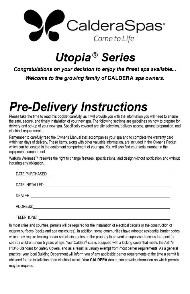 Caldera Spas Utopia Pre-Delivery Instructions