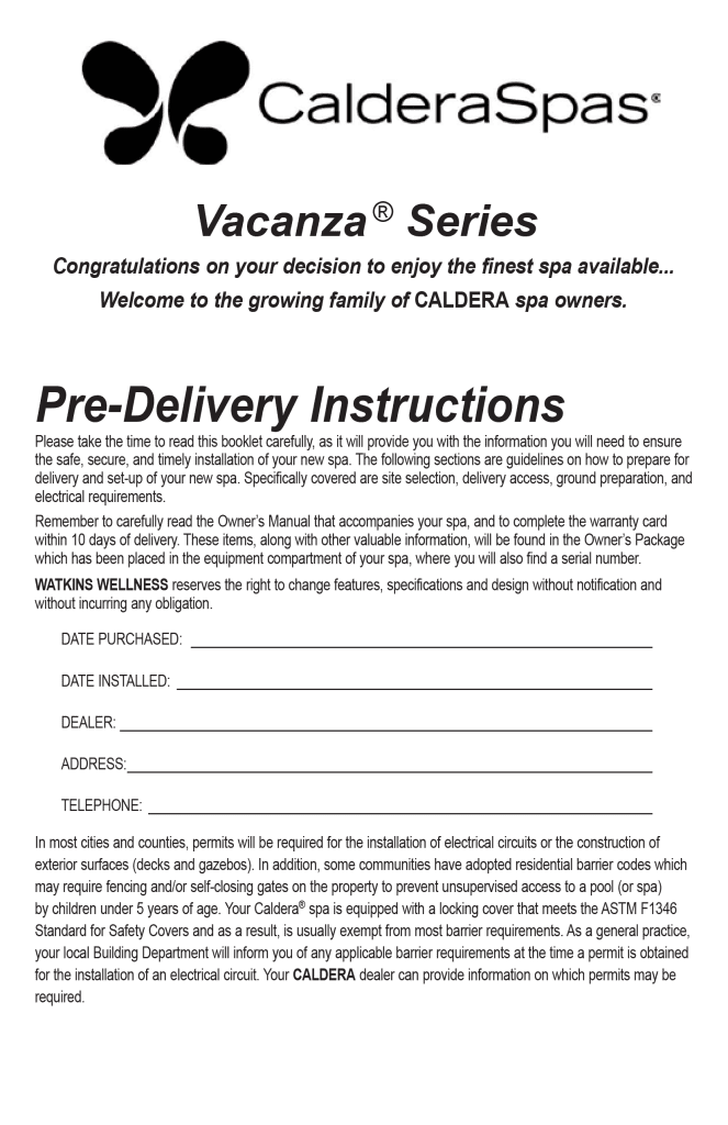 Caldera Spas Vacanza Pre-Delivery Instructions