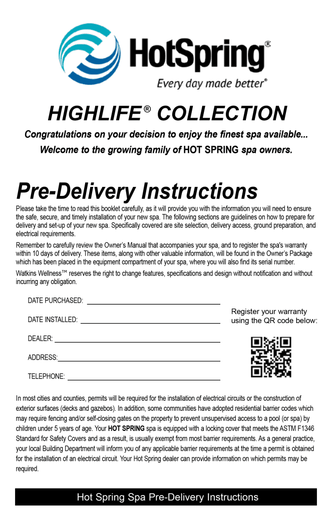 Hot Spring Spas Highlife Pre-Delivery Instructions