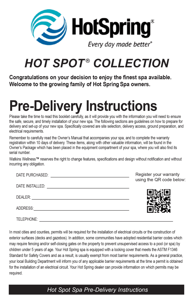 Hot Spring Spas Hot Spot Pre-Delivery Instructions