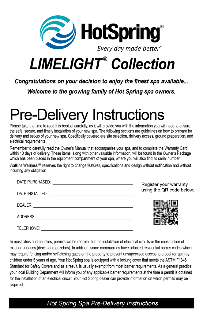 Hot Spring Spas Limelight Pre-Delivery Instructions