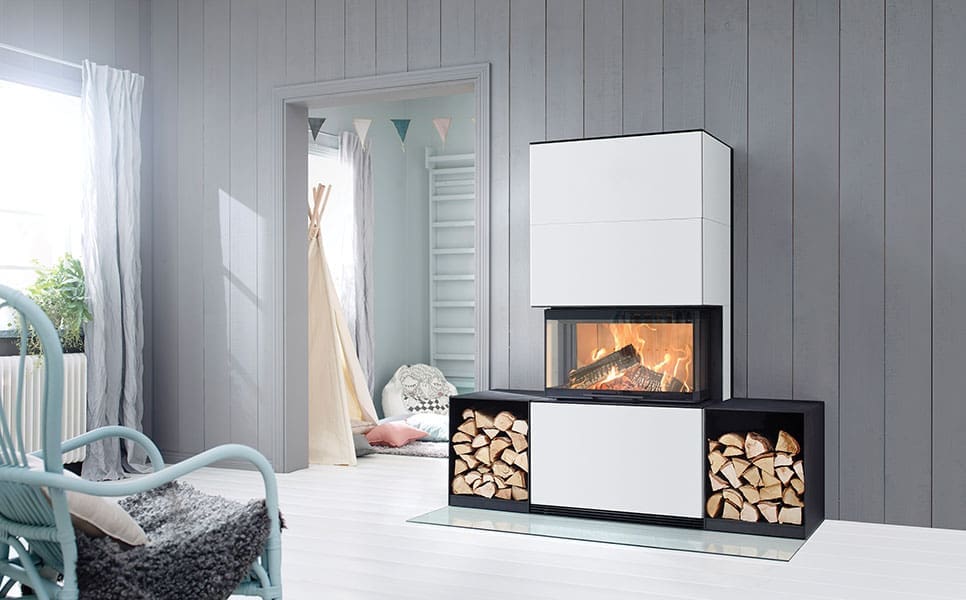 Scandinavian fireplace in a living room