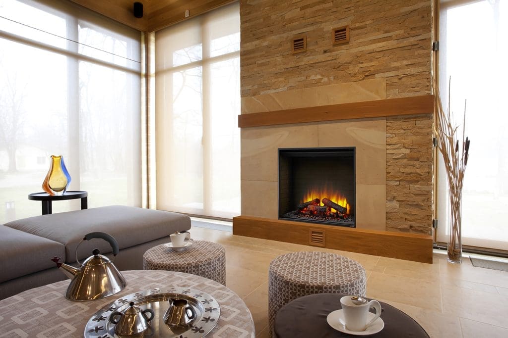 Indoor living example - fireplace built into the wall in a living room