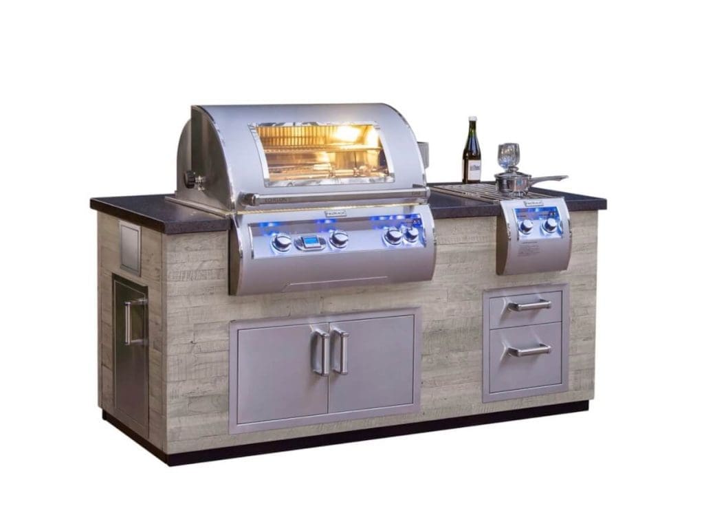 Outdoor Kitchen island setup - with wine bottle, 2 wine glasses, and a pot with handle resting on top