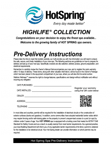 Hot Spring Spas Highlife Pre-delivery Instructions - 2025