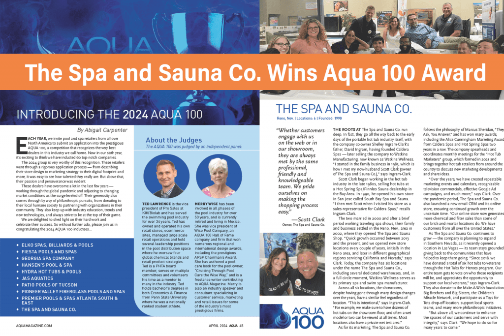 The Spa and Sauna Co. Wins Aqua 100 Award