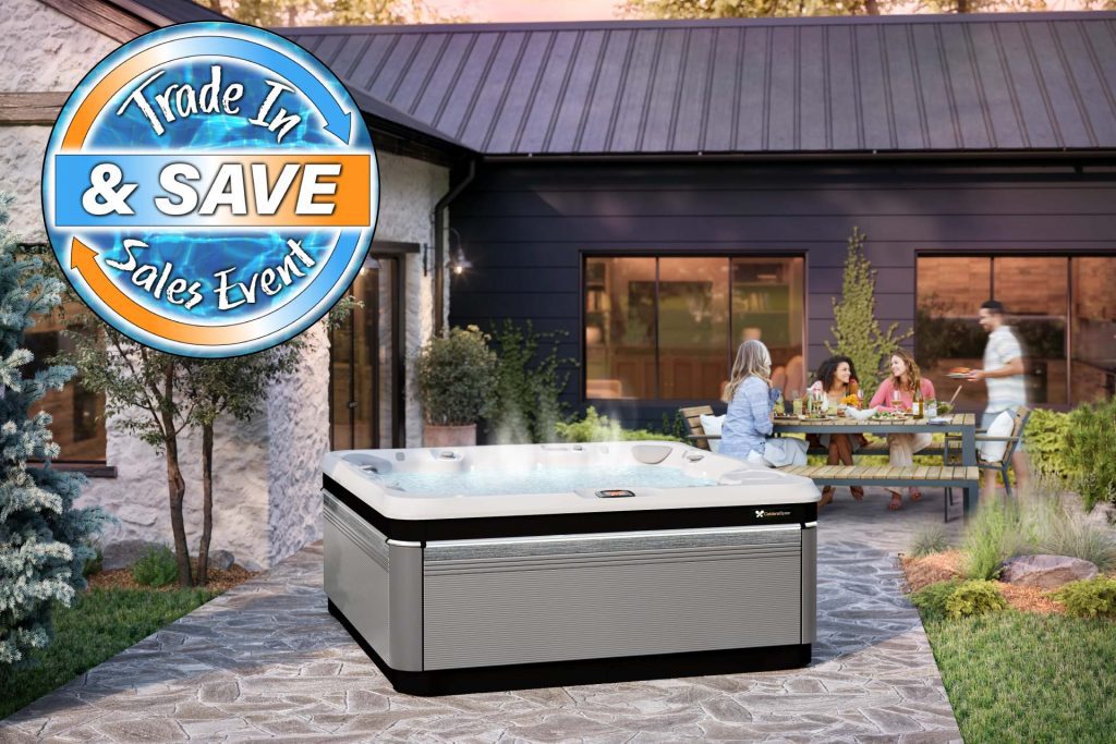 Hot Tub Trade in sales event logo with hot tub in a backyard